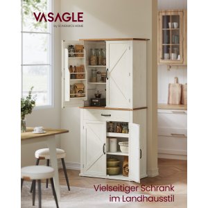 VASAGLE H�jt k�kkensk�nk, opbevaringsskab, skab, h�jde 178,5 cm, med skuffe, skabe, justerbare hylder, til stue, k�kken, rustik hvid BBK364W02