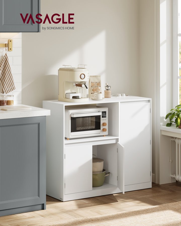 VASAGLE Custos Collection BBK373WB01 K�kkenskab Opbevaringsskab Sk�nk med Bordplade Mikrob�lgeovnshylde med 1 �bent Rum 3 D�re Justerbare Hylder Cloud White
