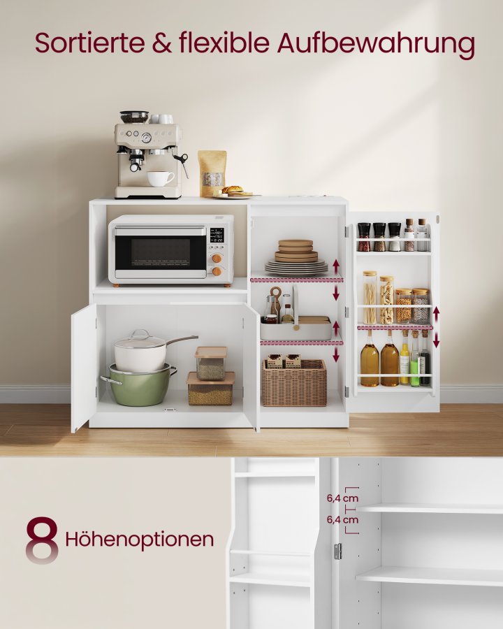VASAGLE Custos Collection BBK373WB01 K�kkenskab Opbevaringsskab Sk�nk med Bordplade Mikrob�lgeovnshylde med 1 �bent Rum 3 D�re Justerbare Hylder Cloud White