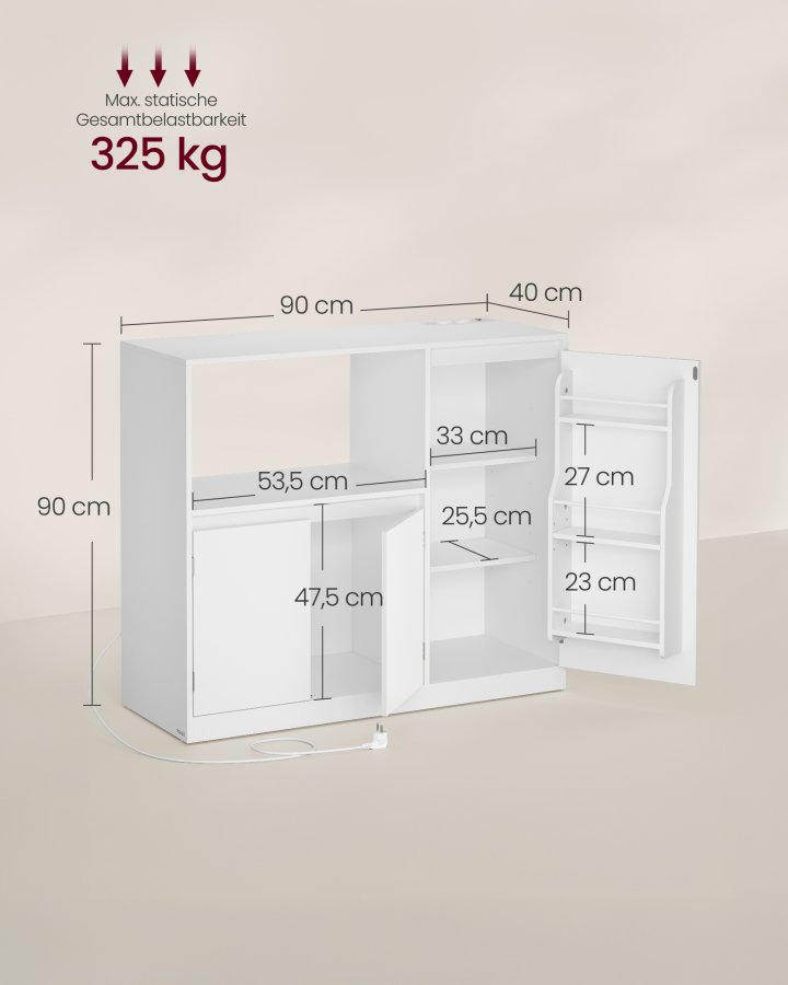 VASAGLE Custos Collection BBK373WB01 K�kkenskab Opbevaringsskab Sk�nk med Bordplade Mikrob�lgeovnshylde med 1 �bent Rum 3 D�re Justerbare Hylder Cloud White