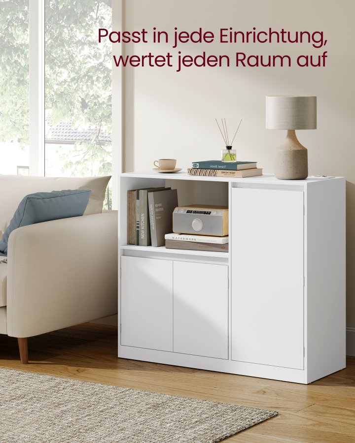 VASAGLE Custos Collection BBK373WB01 K�kkenskab Opbevaringsskab Sk�nk med Bordplade Mikrob�lgeovnshylde med 1 �bent Rum 3 D�re Justerbare Hylder Cloud White