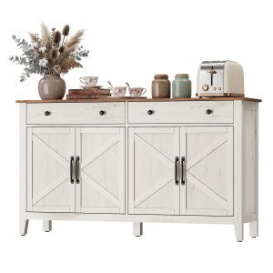 VASAGLE BBK381W02 Sk�nk med skuffe, k�kkenskab med d�re, justerbar hylde, landlig stil, til stue, spisestue, 40 x 140 x 80 cm, rustik hvid og honningbrun