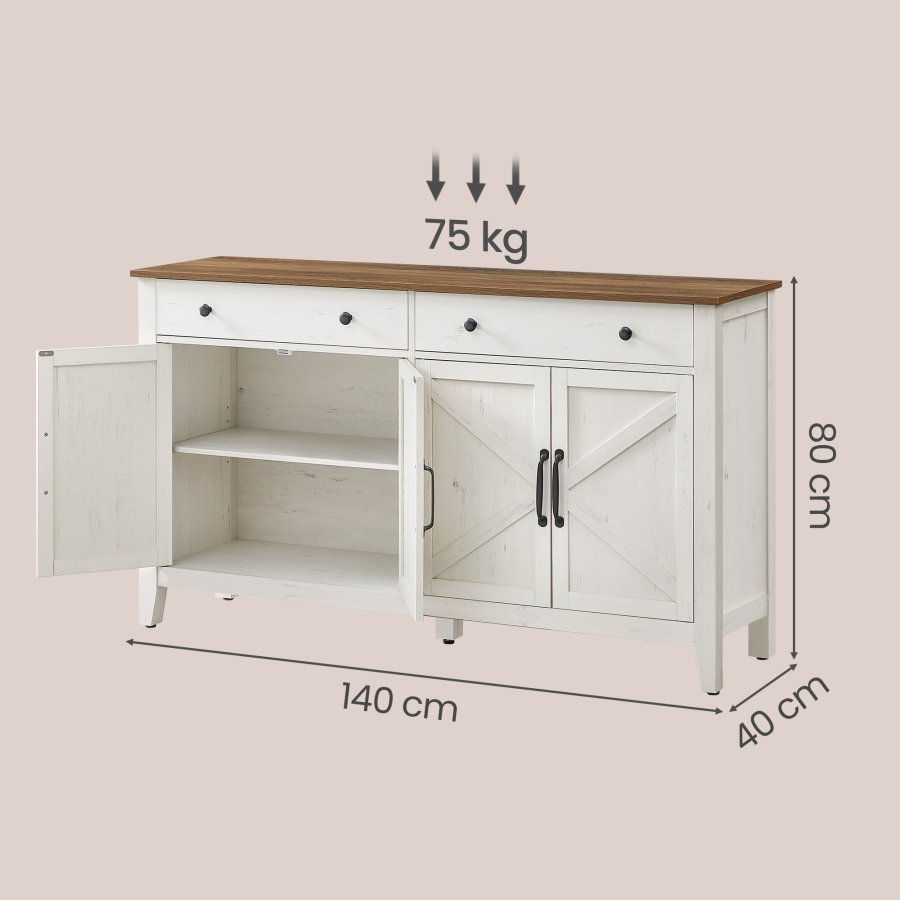 VASAGLE BBK381W02 Sk�nk med skuffe, k�kkenskab med d�re, justerbar hylde, landlig stil, til stue, spisestue, 40 x 140 x 80 cm, rustik hvid og honningbrun