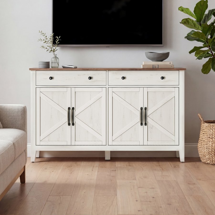 VASAGLE BBK381W02 Sk�nk med skuffe, k�kkenskab med d�re, justerbar hylde, landlig stil, til stue, spisestue, 40 x 140 x 80 cm, rustik hvid og honningbrun