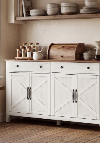 VASAGLE BBK381W02 Sk�nk med skuffe, k�kkenskab med d�re, justerbar hylde, landlig stil, til stue, spisestue, 40 x 140 x 80 cm, rustik hvid og honningbrun