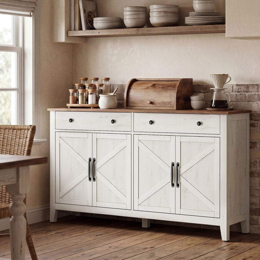 VASAGLE BBK381W02 Sk�nk med skuffe, k�kkenskab med d�re, justerbar hylde, landlig stil, til stue, spisestue, 40 x 140 x 80 cm, rustik hvid og honningbrun