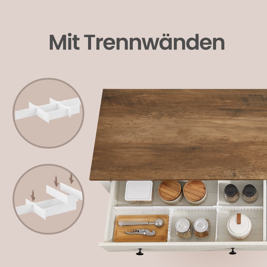 VASAGLE BBK381W02 Sk�nk med skuffe, k�kkenskab med d�re, justerbar hylde, landlig stil, til stue, spisestue, 40 x 140 x 80 cm, rustik hvid og honningbrun
