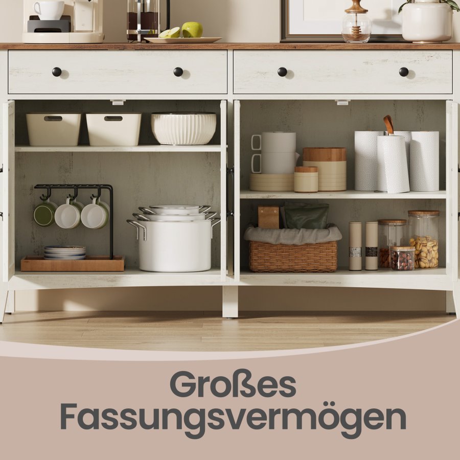 VASAGLE BBK381W02 Sk�nk med skuffe, k�kkenskab med d�re, justerbar hylde, landlig stil, til stue, spisestue, 40 x 140 x 80 cm, rustik hvid og honningbrun