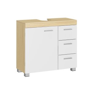 VASAGLE BBK503K01 Vaskeskab med 3 store skuffer, badev�relsesskab, 2 rum bag d�ren, badev�relsesskab med f�dder, 30 x 70 x 64 cm, Cloud White/Naturbeige