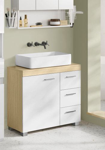 VASAGLE BBK503K01 badev�relsesunderskab, m. plads til vask, 1 l�ge, 1 hylde, 3 skuffer - hvid og natur MDF