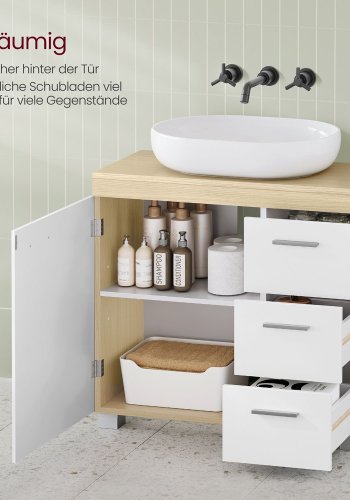 VASAGLE BBK503K01 badev�relsesunderskab, m. plads til vask, 1 l�ge, 1 hylde, 3 skuffer - hvid og natur MDF