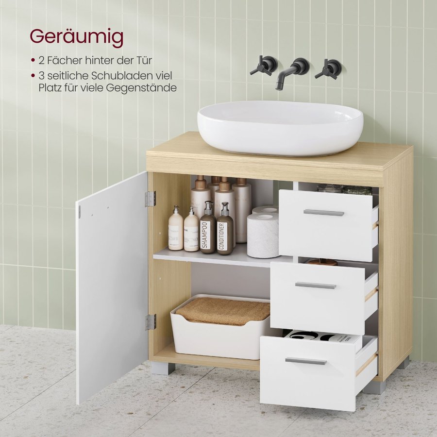 VASAGLE BBK503K01 Vaskeskab med 3 store skuffer, badev�relsesskab, 2 rum bag d�ren, badev�relsesskab med f�dder, 30 x 70 x 64 cm, Cloud White/Naturbeige