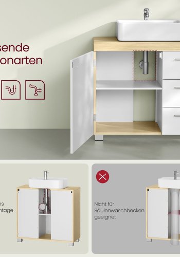 VASAGLE BBK503K01 Vaskeskab med 3 store skuffer, badev�relsesskab, 2 rum bag d�ren, badev�relsesskab med f�dder, 30 x 70 x 64 cm, Cloud White/Naturbeige