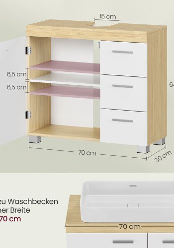 VASAGLE BBK503K01 Vaskeskab med 3 store skuffer, badev�relsesskab, 2 rum bag d�ren, badev�relsesskab med f�dder, 30 x 70 x 64 cm, Cloud White/Naturbeige