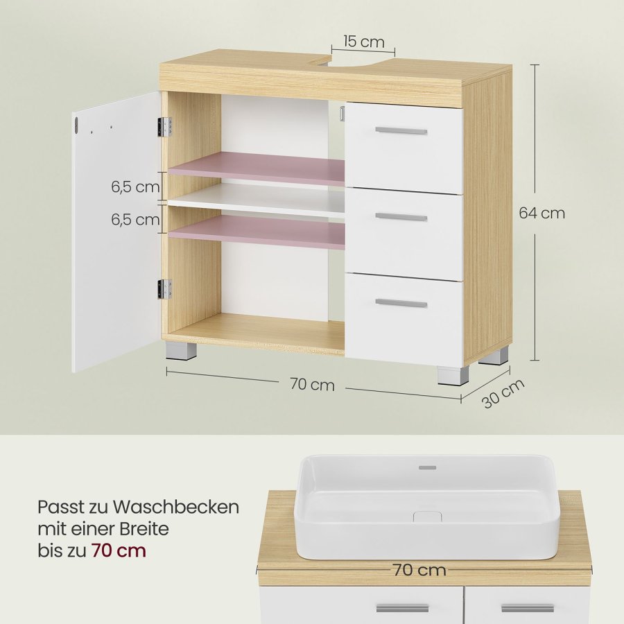 VASAGLE BBK503K01 Vaskeskab med 3 store skuffer, badev�relsesskab, 2 rum bag d�ren, badev�relsesskab med f�dder, 30 x 70 x 64 cm, Cloud White/Naturbeige