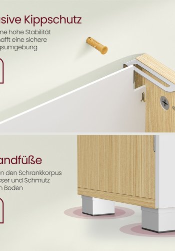 VASAGLE BBK503K01 Vaskeskab med 3 store skuffer, badev�relsesskab, 2 rum bag d�ren, badev�relsesskab med f�dder, 30 x 70 x 64 cm, Cloud White/Naturbeige