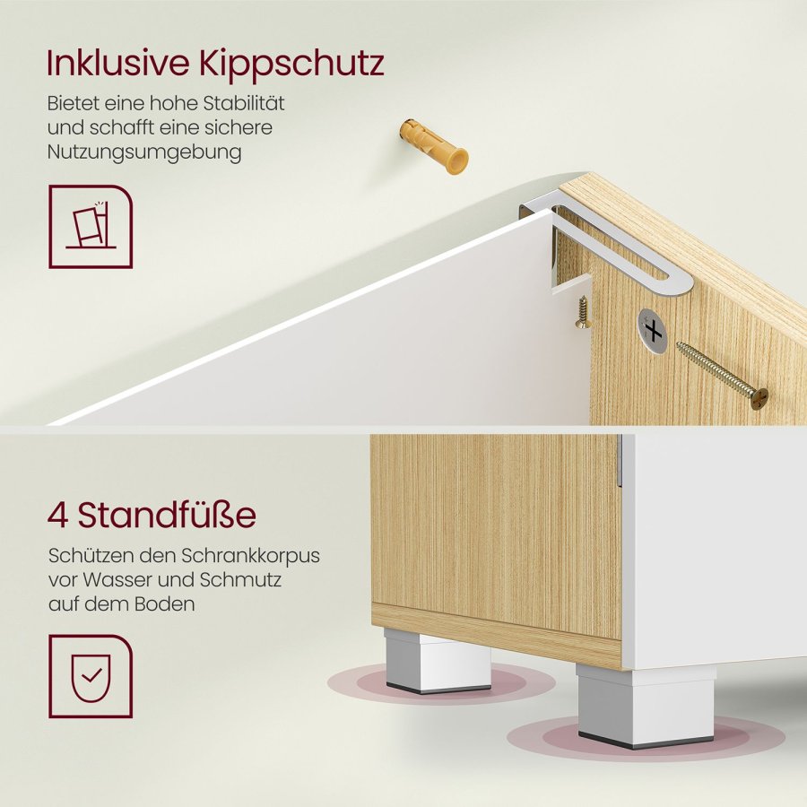 VASAGLE BBK503K01 Vaskeskab med 3 store skuffer, badev�relsesskab, 2 rum bag d�ren, badev�relsesskab med f�dder, 30 x 70 x 64 cm, Cloud White/Naturbeige