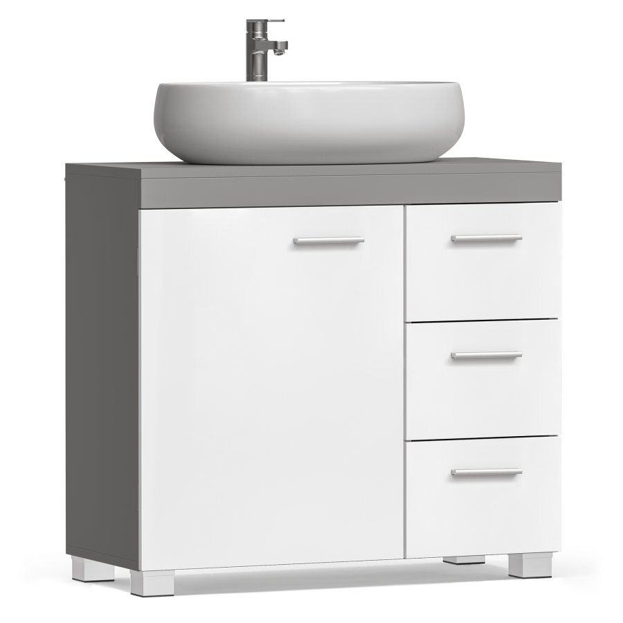 VASAGLE Badev�relsesskab, 3 store skuffer, 30 x 70 x 64 cm, Badev�relsesskab, 2 rum bag d�ren, Badev�relsesskab med f�dder, Cloud White-Cement Grey BBK503T49