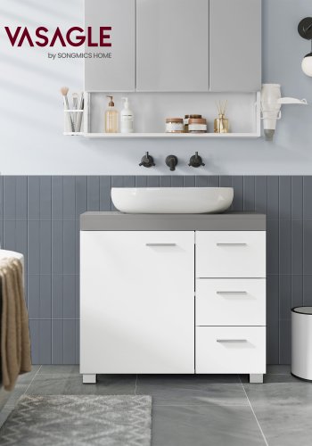 VASAGLE BBK503T49 badev�relsesunderskab, m. 1 l�ge, 1 hylde, 3 skuffer - cement gr� og hvid MDF