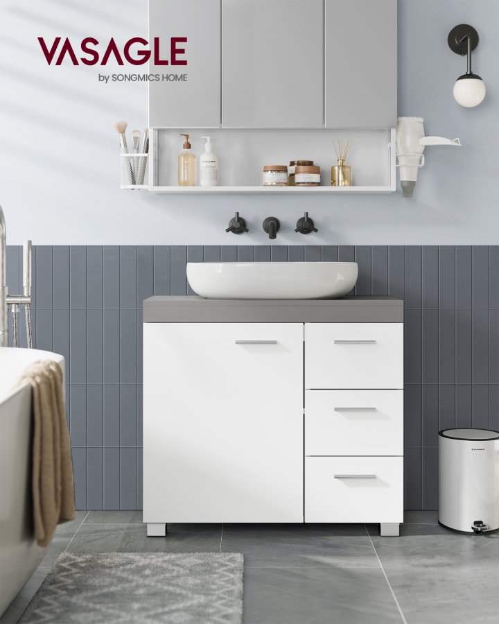 VASAGLE Badev�relsesskab, 3 store skuffer, 30 x 70 x 64 cm, Badev�relsesskab, 2 rum bag d�ren, Badev�relsesskab med f�dder, Cloud White-Cement Grey BBK503T49