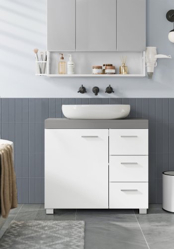 VASAGLE Badev�relsesskab, 3 store skuffer, 30 x 70 x 64 cm, Badev�relsesskab, 2 rum bag d�ren, Badev�relsesskab med f�dder, Cloud White-Cement Grey BBK503T49