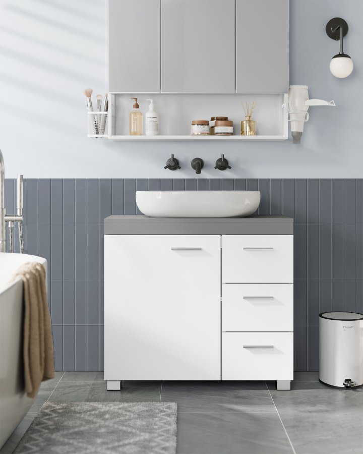 VASAGLE Badev�relsesskab, 3 store skuffer, 30 x 70 x 64 cm, Badev�relsesskab, 2 rum bag d�ren, Badev�relsesskab med f�dder, Cloud White-Cement Grey BBK503T49