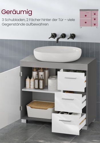 VASAGLE Badev�relsesskab, 3 store skuffer, 30 x 70 x 64 cm, Badev�relsesskab, 2 rum bag d�ren, Badev�relsesskab med f�dder, Cloud White-Cement Grey BBK503T49