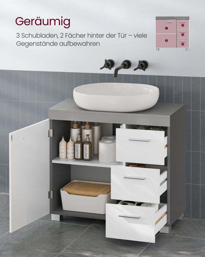 VASAGLE Badev�relsesskab, 3 store skuffer, 30 x 70 x 64 cm, Badev�relsesskab, 2 rum bag d�ren, Badev�relsesskab med f�dder, Cloud White-Cement Grey BBK503T49