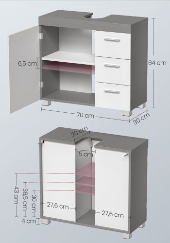 VASAGLE Badev�relsesskab, 3 store skuffer, 30 x 70 x 64 cm, Badev�relsesskab, 2 rum bag d�ren, Badev�relsesskab med f�dder, Cloud White-Cement Grey BBK503T49