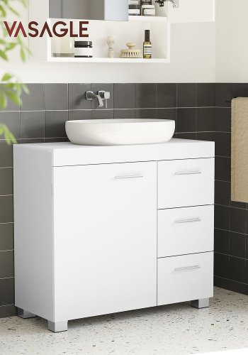 VASAGLE BBK503W10 badev�relsesunderskab uden vask, m. 1 l�ge, 1 hylde, 3 skuffer - hvid MDF
