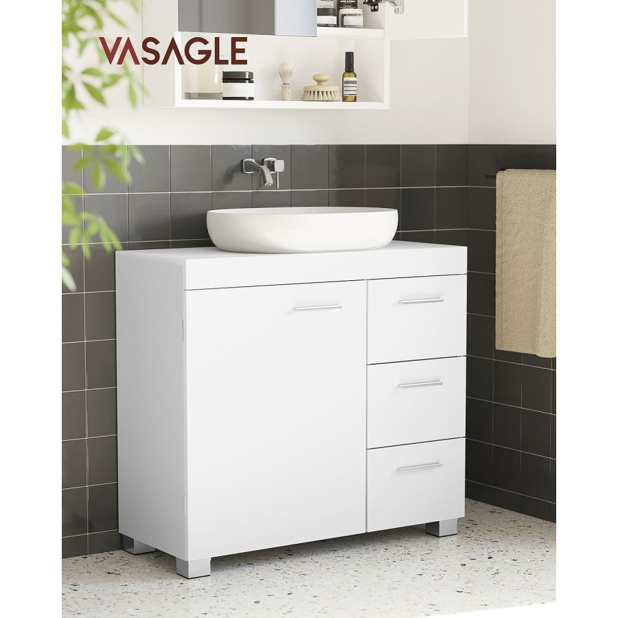 VASAGLE BBK503W10 Badev�relsesskab med 3 store skuffer, Badev�relsesskab, 2 rum bag d�ren, Badev�relsesskab med ben, 30 x 70 x 64 cm, Hvid