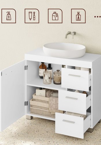 VASAGLE BBK503W10 badev�relsesunderskab uden vask, m. 1 l�ge, 1 hylde, 3 skuffer - hvid MDF