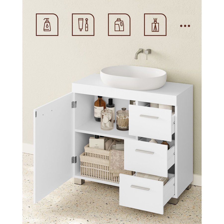 VASAGLE BBK503W10 Badev�relsesskab med 3 store skuffer, Badev�relsesskab, 2 rum bag d�ren, Badev�relsesskab med ben, 30 x 70 x 64 cm, Hvid
