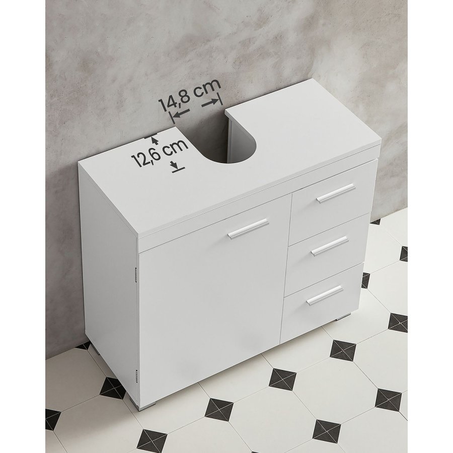 VASAGLE BBK503W10 Badev�relsesskab med 3 store skuffer, Badev�relsesskab, 2 rum bag d�ren, Badev�relsesskab med ben, 30 x 70 x 64 cm, Hvid
