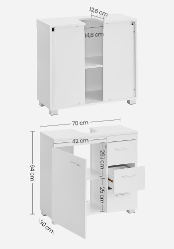 VASAGLE BBK503W10 Badev�relsesskab med 3 store skuffer, Badev�relsesskab, 2 rum bag d�ren, Badev�relsesskab med ben, 30 x 70 x 64 cm, Hvid