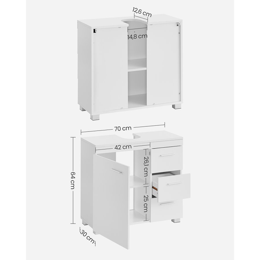 VASAGLE BBK503W10 Badev�relsesskab med 3 store skuffer, Badev�relsesskab, 2 rum bag d�ren, Badev�relsesskab med ben, 30 x 70 x 64 cm, Hvid