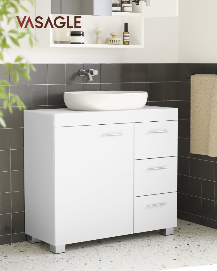 VASAGLE Badev�relsesskab til undervask, opbevaringsskab, med 3 skuffer, 2 rum bag d�ren, til h�ndvaske med piedestal, med f�dder, 30 x 70 x 64 cm, Cloud White BBK504W01