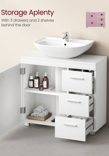 VASAGLE Badev�relsesskab til undervask, opbevaringsskab, med 3 skuffer, 2 rum bag d�ren, til h�ndvaske med piedestal, med f�dder, 30 x 70 x 64 cm, Cloud White BBK504W01