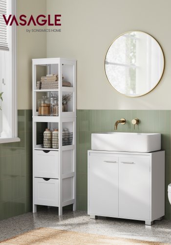 VASAGLE BBK505W01 badev�relsesunderskab til h�ndvask, m. 2 l�ger, 1 hylde - hvid MDF og sp�nplade