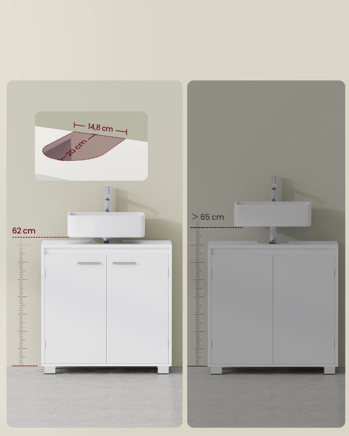 VASAGLE Underskab, Badev�relsesskab, 2 rum bag d�rene, til piedestalfri h�ndvaske, med ben, 30 x 60 x 60 cm, Cloud White BBK505W01