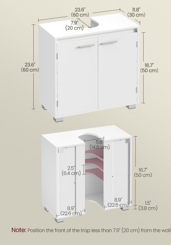 VASAGLE BBK506W01 Opbevaringsm�bel til undervask, 2 rum, bag d�ren, passer til forskellige h�ndvaske med ben, 30 x 60 x 60 cm, Cloud White