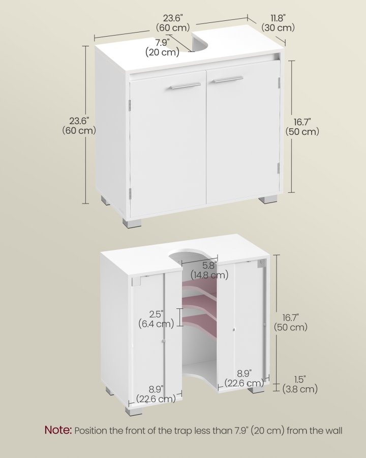 VASAGLE BBK506W01 Opbevaringsm�bel til undervask, 2 rum, bag d�ren, passer til forskellige h�ndvaske med ben, 30 x 60 x 60 cm, Cloud White