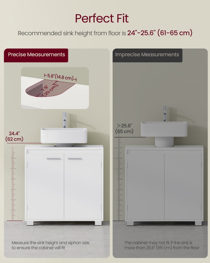 VASAGLE BBK506W01 Opbevaringsm�bel til undervask, 2 rum, bag d�ren, passer til forskellige h�ndvaske med ben, 30 x 60 x 60 cm, Cloud White