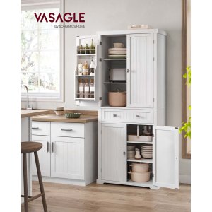 VASAGLE H�jt k�kkenskab, 40 x 76 x 182,1 cm, fritst�ende h�jt opbevaringsskab med skuffe, 4 justerbare hylder, 6 d�rhylder, til stue, k�kken, hvid BBC561W21