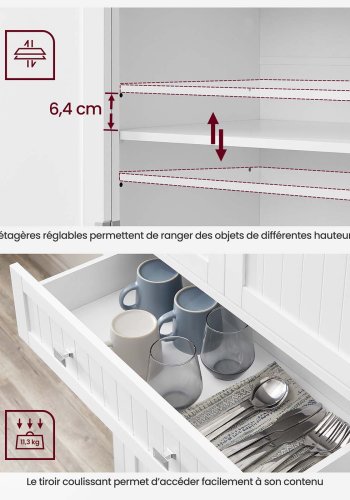VASAGLE H�jt k�kkenskab, 40 x 76 x 182,1 cm, fritst�ende h�jt opbevaringsskab med skuffe, 4 justerbare hylder, 6 d�rhylder, til stue, k�kken, hvid BBC561W21