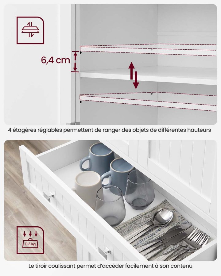 VASAGLE H�jt k�kkenskab, 40 x 76 x 182,1 cm, fritst�ende h�jt opbevaringsskab med skuffe, 4 justerbare hylder, 6 d�rhylder, til stue, k�kken, hvid BBC561W21