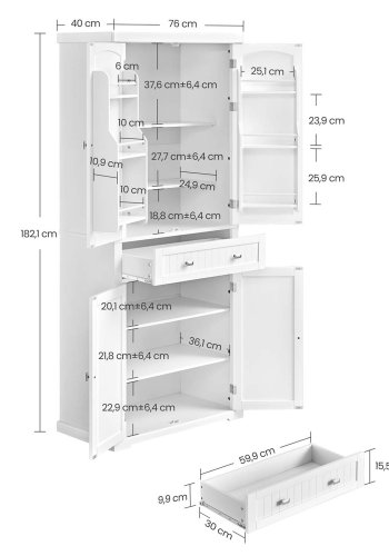 VASAGLE H�jt k�kkenskab, 40 x 76 x 182,1 cm, fritst�ende h�jt opbevaringsskab med skuffe, 4 justerbare hylder, 6 d�rhylder, til stue, k�kken, hvid BBC561W21