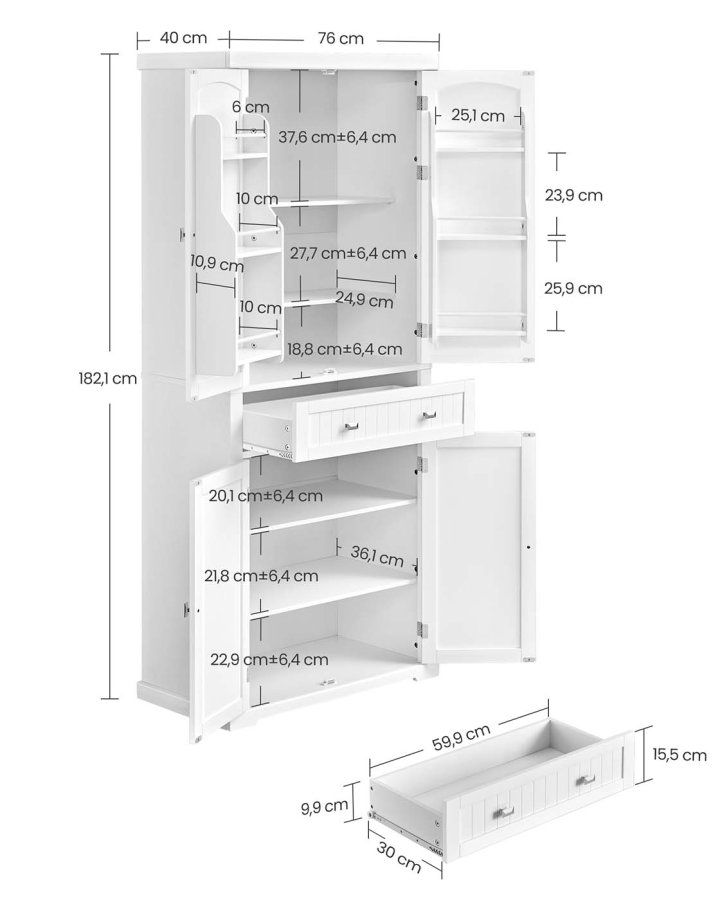 VASAGLE H�jt k�kkenskab, 40 x 76 x 182,1 cm, fritst�ende h�jt opbevaringsskab med skuffe, 4 justerbare hylder, 6 d�rhylder, til stue, k�kken, hvid BBC561W21