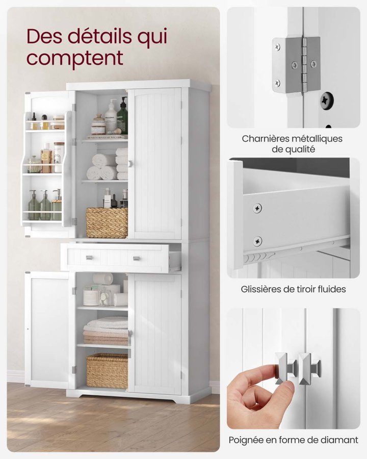 VASAGLE H�jt k�kkenskab, 40 x 76 x 182,1 cm, fritst�ende h�jt opbevaringsskab med skuffe, 4 justerbare hylder, 6 d�rhylder, til stue, k�kken, hvid BBC561W21