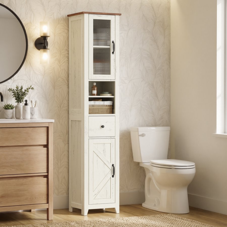 VASAGLE LIRY Kollektion - Badev�relsesskab, Landhus-smalt gulvskab med �bne rum, 1 skuffe, d�re, Rustik hvid og honningbrun, 31,5 x 33 x 171 cm BBK660W101